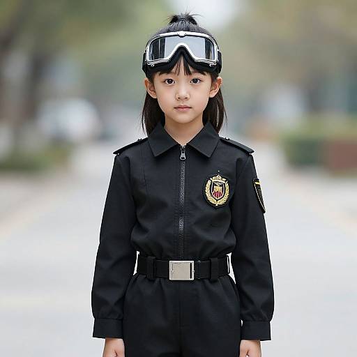 Photograph of an Asian young girl in a black police uniform with a badge, wearing ski goggles, standing on a blurred outdoor pathway.