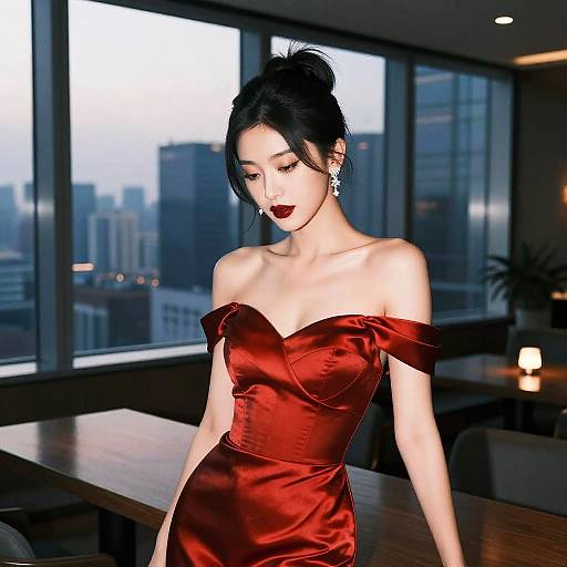 Photorealistic digital artwork of an Asian woman with black hair in a bun, wearing a red satin off-shoulder dress, standing in a modern