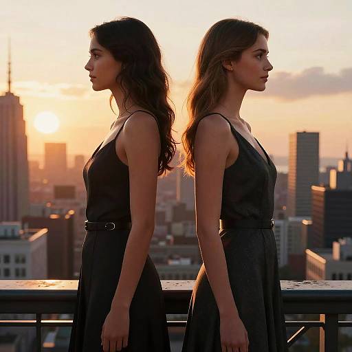 Photograph of two young women with long brown hair, standing side by side in profile, wearing black sleeveless dresses, against a sunset city skyline.