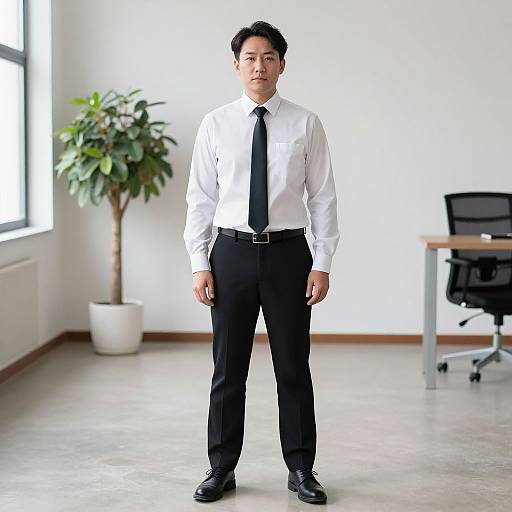 Photograph of a serious Asian man in a white shirt, black tie, and pants, standing in a bright, minimalist office with a potted plant