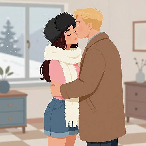 Romantic Winter Embrace by the Window