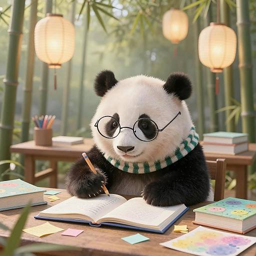 Photograph-style digital art of a panda with round glasses and green-striped scarf, writing in a bamboo forest study with lanterns, books, and colorful