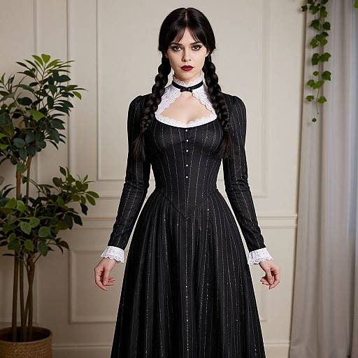 Photograph of a pale-skinned woman with black braided hair, wearing a black pinstripe dress with white lace collar, standing in a white