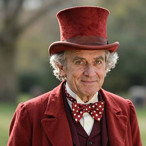 Elderly Man in Vintage Red Costume with Top Hat
