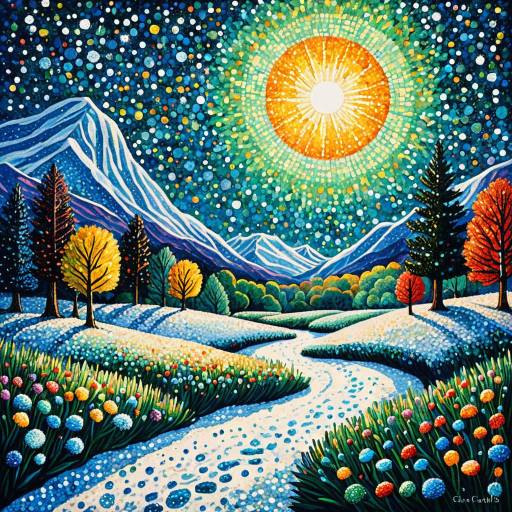 Vibrant Pointillism Landscape with Aurora Sky
