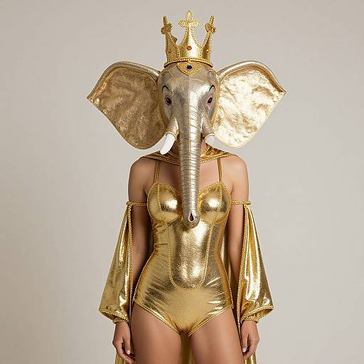 Photograph of a person wearing a gold, metallic elephant mask with a crown, and a matching, shiny, off-shoulder, gold leot