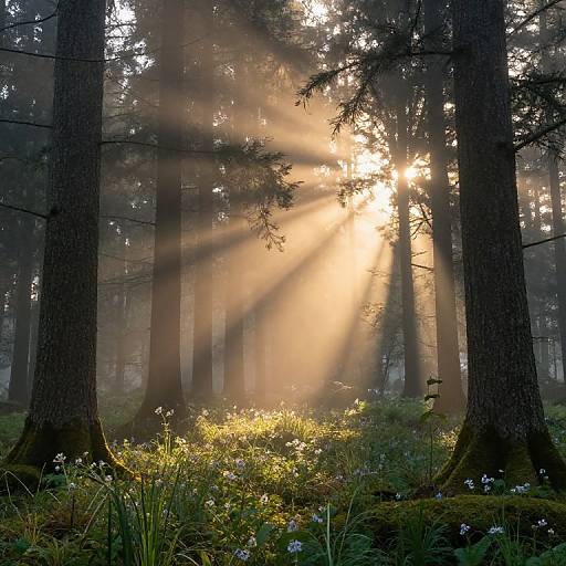 Photograph of a sunlit forest with rays of light piercing through tall trees, illuminating a lush, flower-filled meadow below.