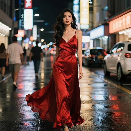 Photograph of a dark-haired woman in a flowing red satin dress, walking on a wet, illuminated city street at night.