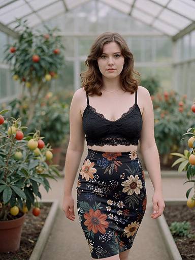 Photograph of a fair-skinned, dark-haired woman with wavy hair, wearing a black lace crop top and floral black skirt, standing in a