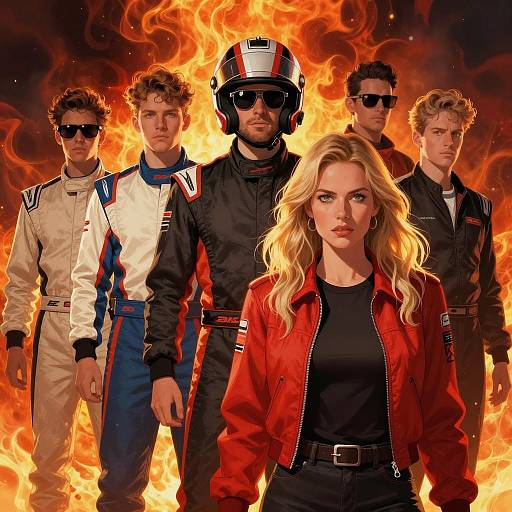 Group of Racers in Fiery Background