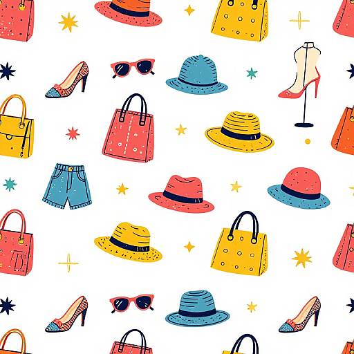 Colorful, whimsical illustration of various summer accessories: hats, handbags, sunglasses, high heels, and starbursts, scattered randomly on white