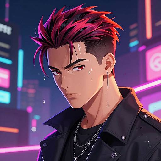 Digital anime-style portrait of a serious, sweaty, red-haired man with spiked hair, wearing a black jacket, necklace, and earring, in a