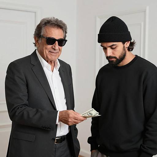 Older Man Giving Money to Younger Man Indoors