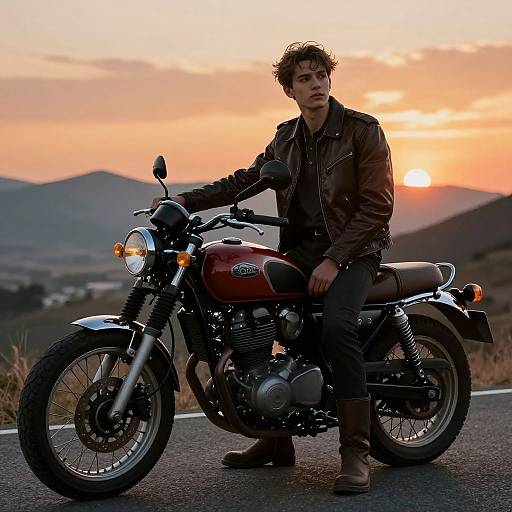 Photograph of a curly-haired man in a leather jacket, sitting on a red motorcycle at sunset, with mountains in the background.