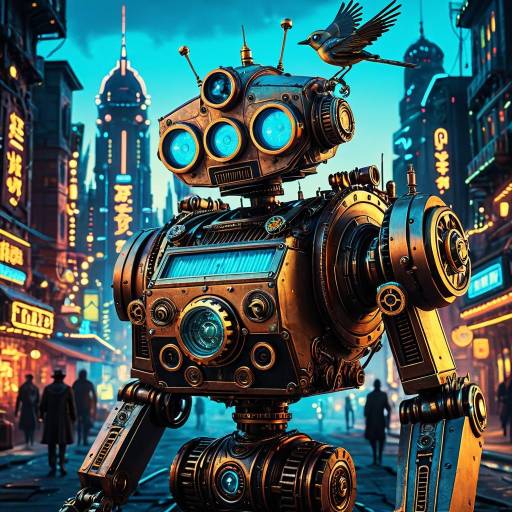 Steampunk Robot with Mechanical Bird in Futuristic Cityscape Steampunk Robot with Mechanical Bird in Futuristic Cityscape