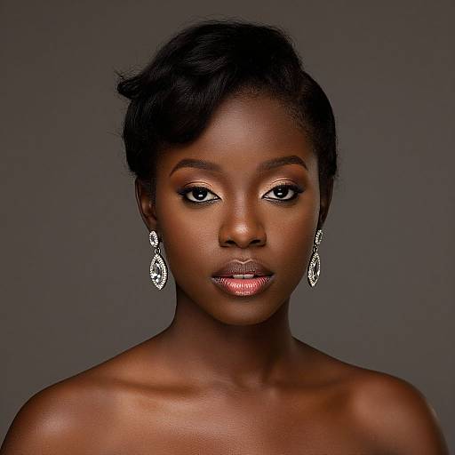 Photograph of a beautiful, dark-skinned African woman with short, wavy hair, wearing elegant, silver drop earrings and nude, glossy lipstick,