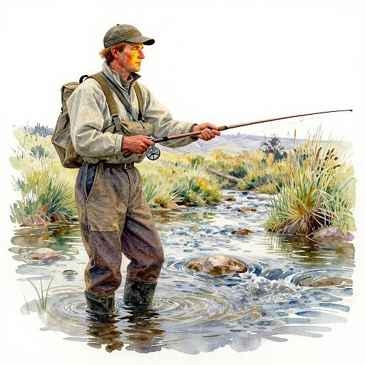 Digital painting of a middle-aged man in waders and cap, fishing in a grassy, rocky stream, holding a fishing rod.