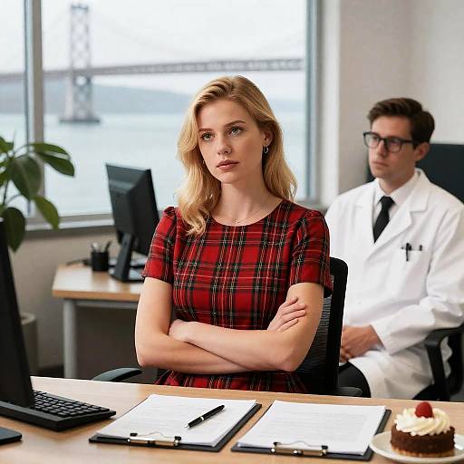 Thoughtful Woman in Office with Bay View