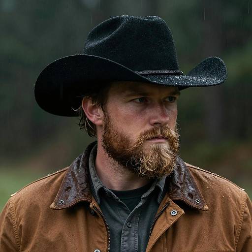 Serious Cowboy in Rainy Forest Setting
