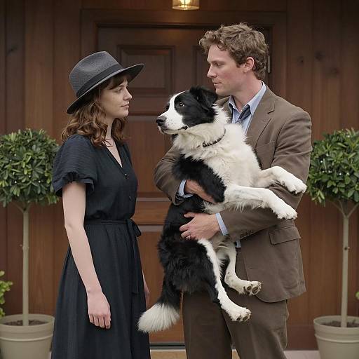 Man Holding Dog with Woman Standing by Wooden Door