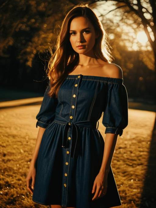 Woman in Denim Off-the-Shoulder Dress at Sunset