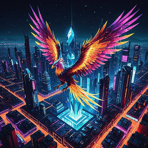 Giant Crystal Phoenix Over Cyberpunk City