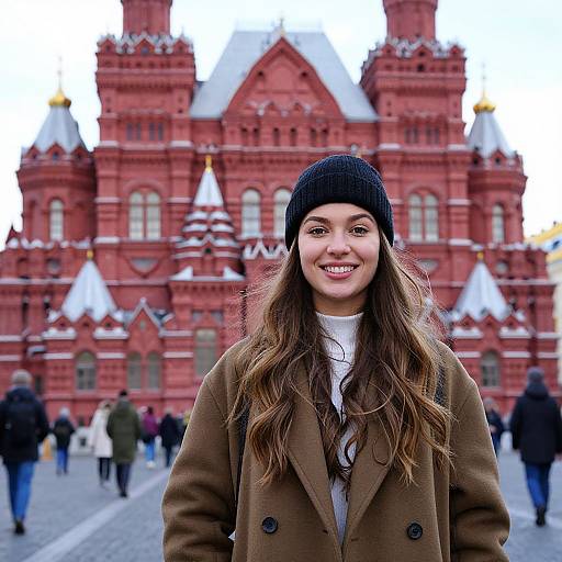 Photograph of a smiling young woman with long brown hair, wearing a black knit hat and brown coat, standing in front of a red, snow-c