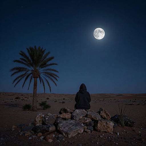 Solitary Hooded Figure in Moonlit Desert