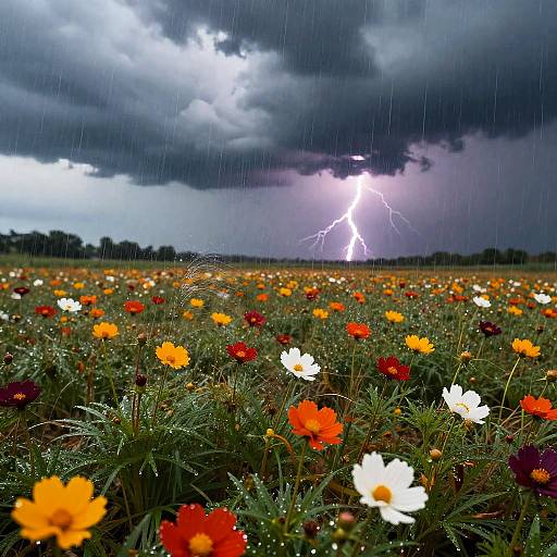 Stormy Rainy Flower Field Scene