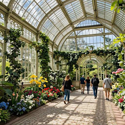 Photograph of a sunlit greenhouse with an arched glass roof, lush greenery, vibrant flowers, and four people walking on a brick path.