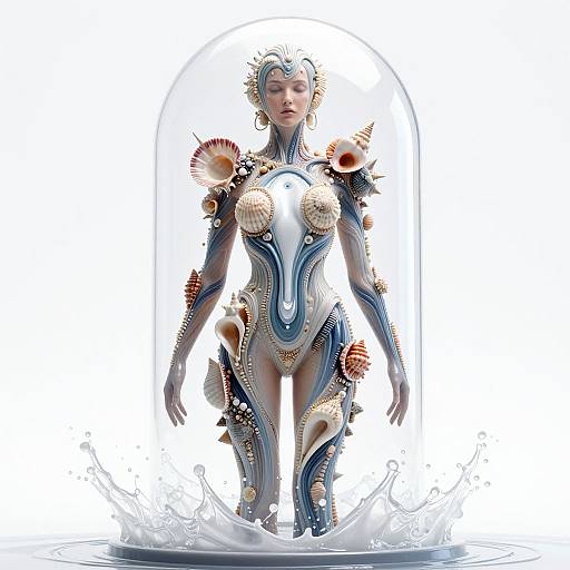 Digital artwork of a futuristic, mermaid-like woman with metallic blue and gold armor, adorned with seashells, standing in water under a glass dome