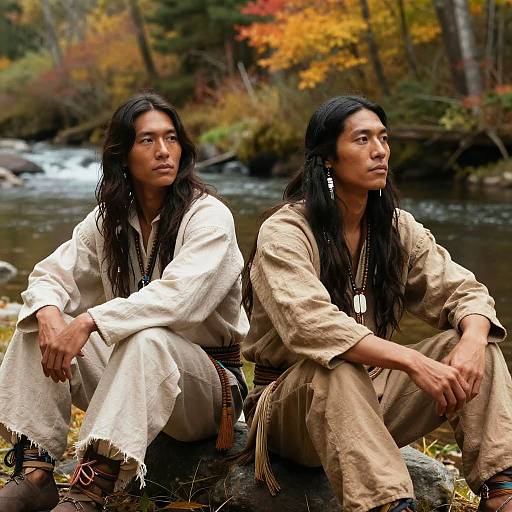 Photograph of two Native American men with long black hair, wearing traditional beige and white garments, sitting by a forest stream in autumn. Both men look