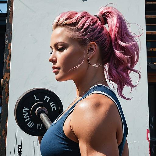 Muscular Woman Weightlifting with Pink Hair Ponytail