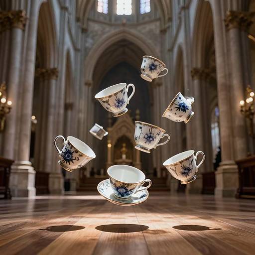 Levitating Bone China Teacups in Cathedral