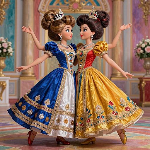 Digital illustration of two princesses in ornate blue and yellow ball gowns, adorned with crowns and floral embroidery, dancing gracefully in an opulent