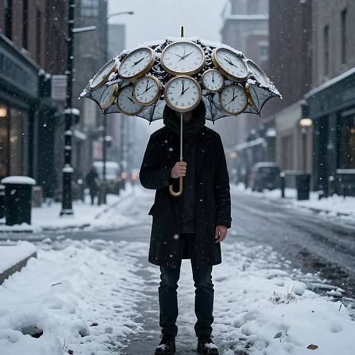 Photograph of a person in a black coat and hood, holding a clock-face umbrella, standing in a snowy urban street.