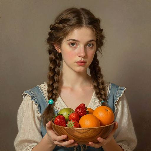 Photograph of a young girl with braided brown hair, wearing a white blouse and blue pinafore, holding a wooden bowl of strawberries, oranges