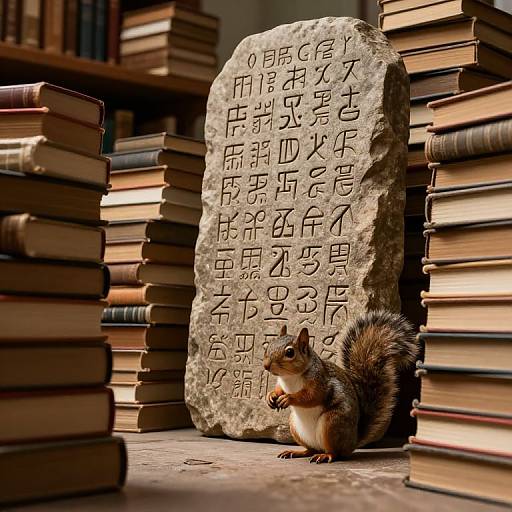 Photograph of a small squirrel sitting on a stone slab with ancient alphabet carvings, surrounded by stacked books in a library.