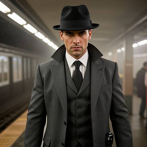 Photograph of a serious-looking man in a black suit, white shirt, black tie, and black fedora, standing on a dimly lit train