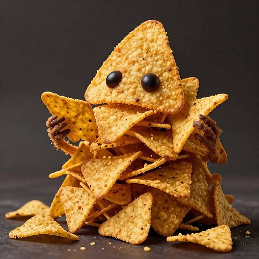 Photograph of a stack of yellow, textured, spicy tortilla chips with two black olives as eyes, against a dark background.