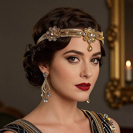 Vintage-style photograph of a fair-skinned woman with dark, wavy hair, wearing a gold headpiece, diamond earrings, and red lipstick, set