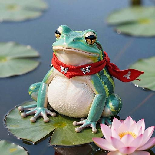 Photograph of a green frog with yellow eyes, wearing a red scarf with white butterflies, sitting on a lily pad, surrounded by water lilies