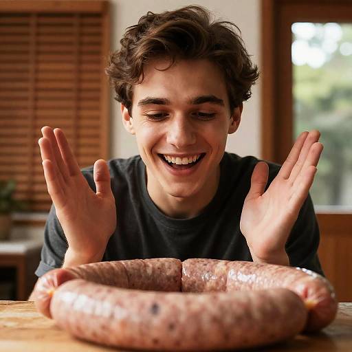 Young Man Excited About Raw Sausage