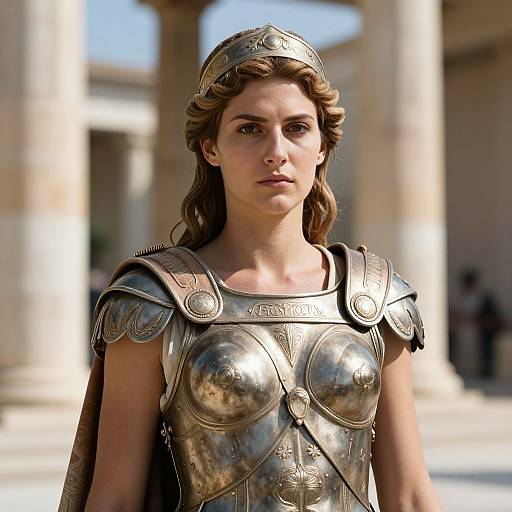 Photograph of a determined young woman with wavy brown hair, wearing ancient Greek-style silver armor and helmet, standing in a sunlit, classical column