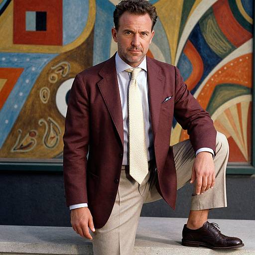 Photograph of a suave, middle-aged man in a maroon suit, white shirt, gold tie, beige pants, and black shoes, posing