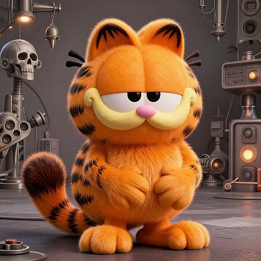CGI image of Garfield, the orange tabby cat with black stripes, standing in a dark, steampunk-themed room with skulls and machinery
