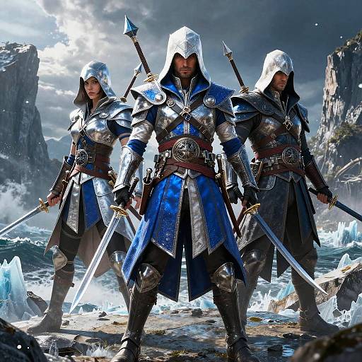 Digital artwork of three armored warriors in blue and silver medieval robes with white hoods, standing with swords on a snowy, icy landscape under a cloudy sky