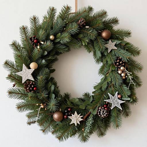Photograph of a festive Christmas wreath adorned with green pine needles, gold and silver ornaments, white star decorations, and red berries.