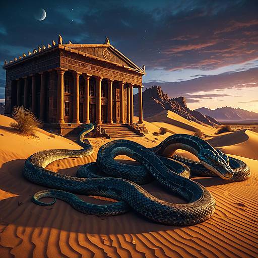Ancient Mythical Library with Stone Serpents in Desert