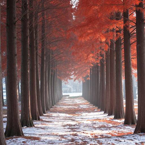 Photograph of a forest pathway lined with tall trees, their bright red leaves creating a vivid canopy over a snowy, sunlit ground.